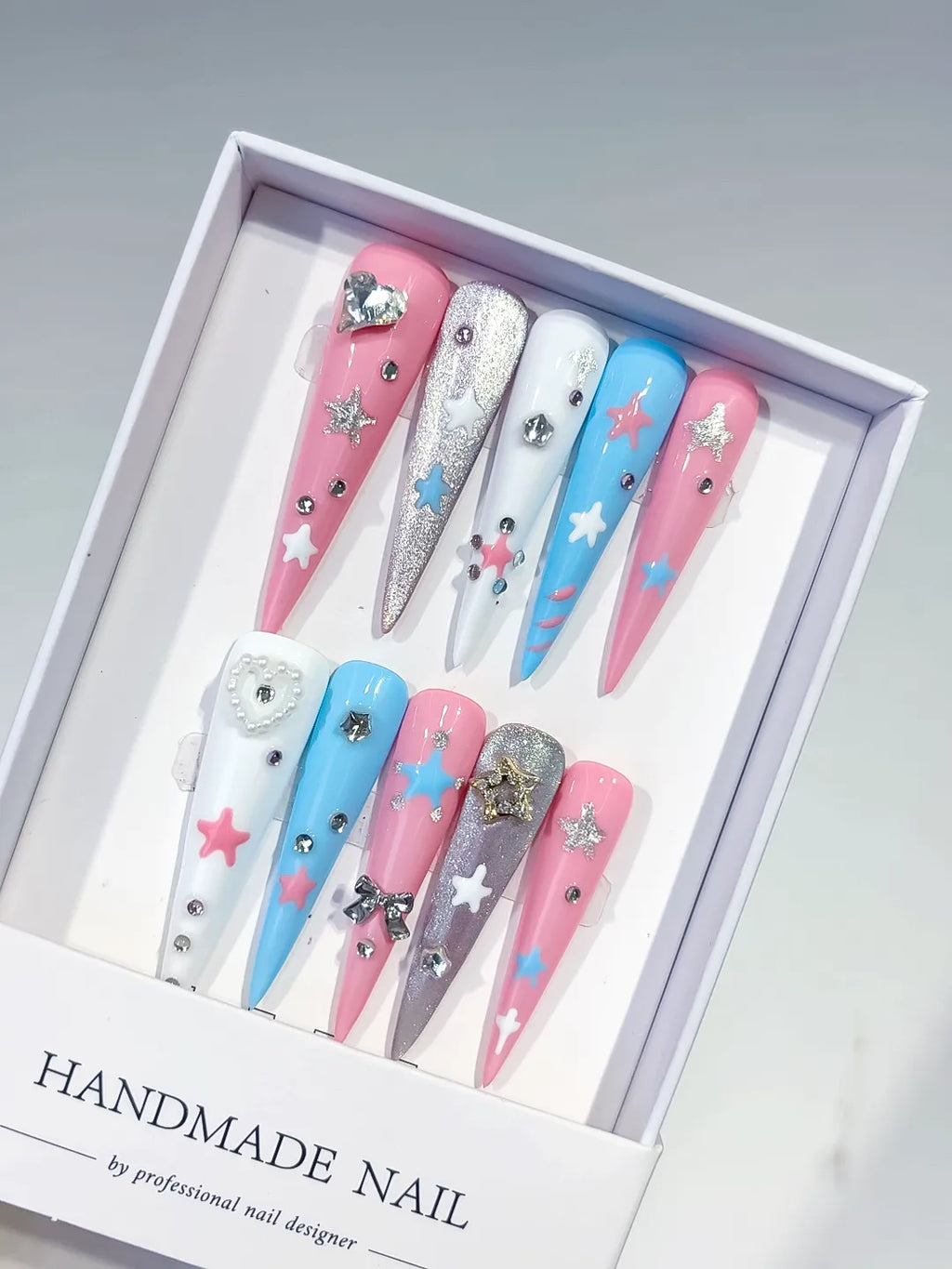 Long Pink Blue Stiletto Abstract Star Bow