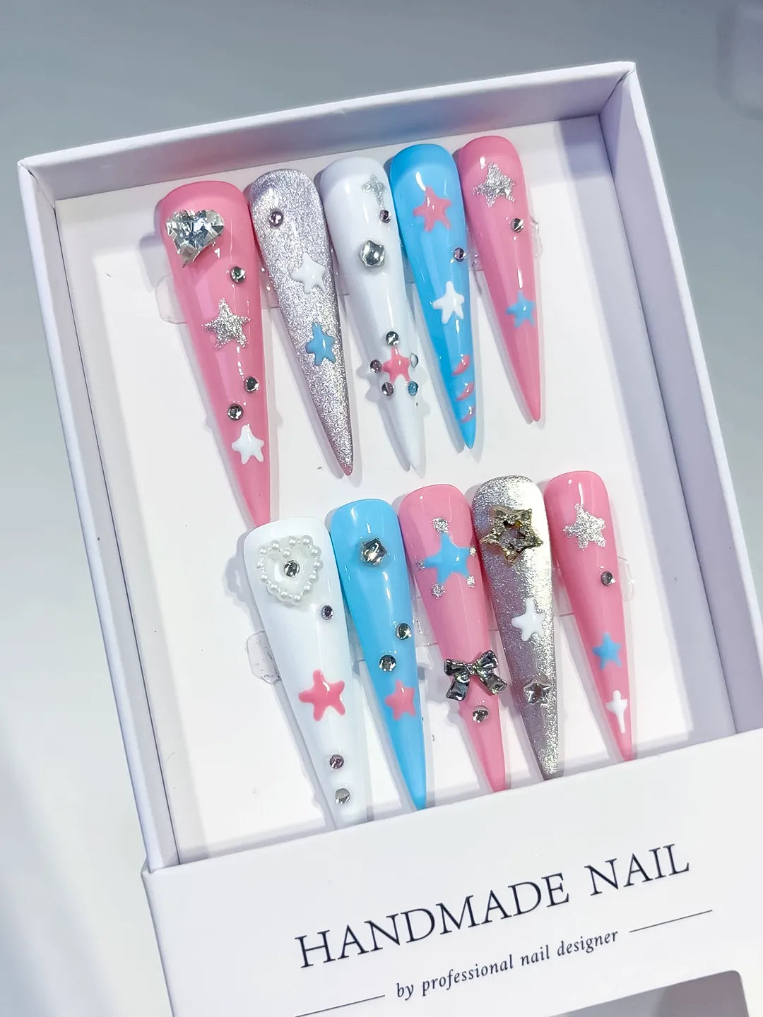 Long Pink Blue Stiletto Abstract Star Bow