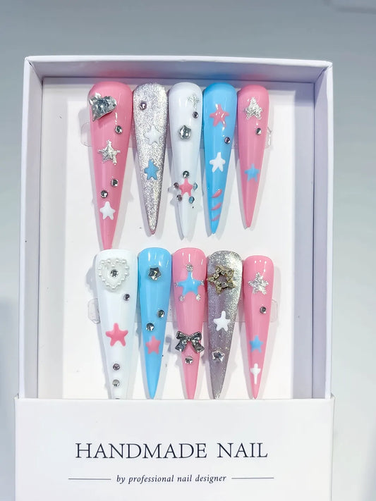 Long Pink Blue Stiletto Abstract Star Bow