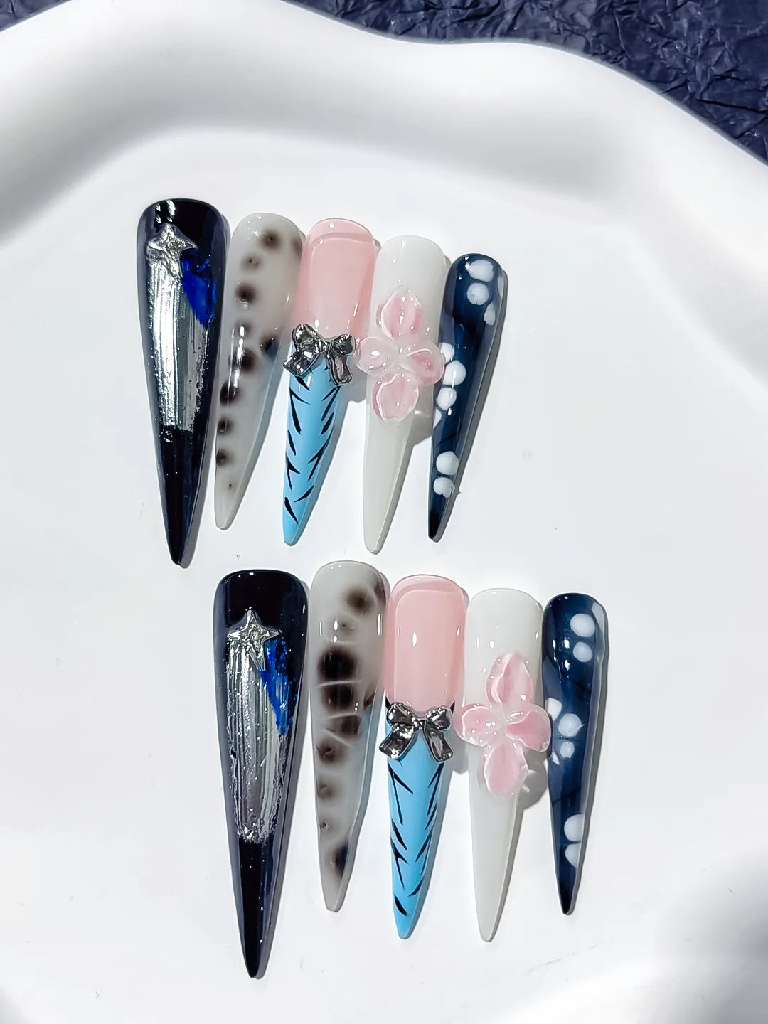 Long Black White Stiletto Abstract Bow Star