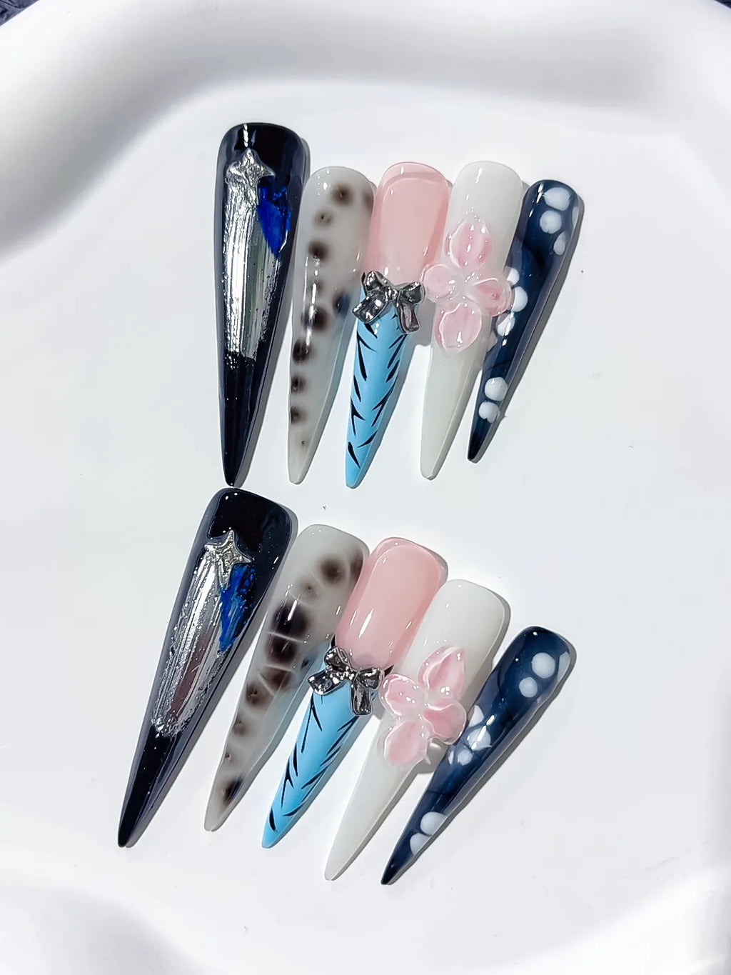 Long Black White Stiletto Abstract Bow Star