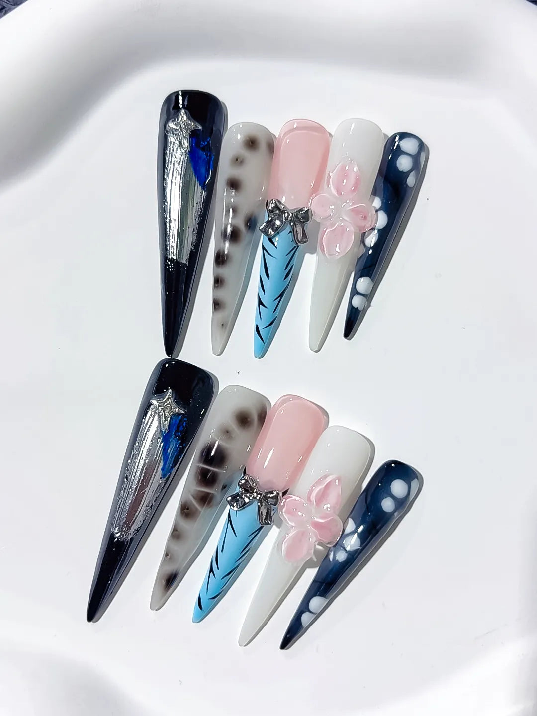 Long Black White Stiletto Abstract Bow Star