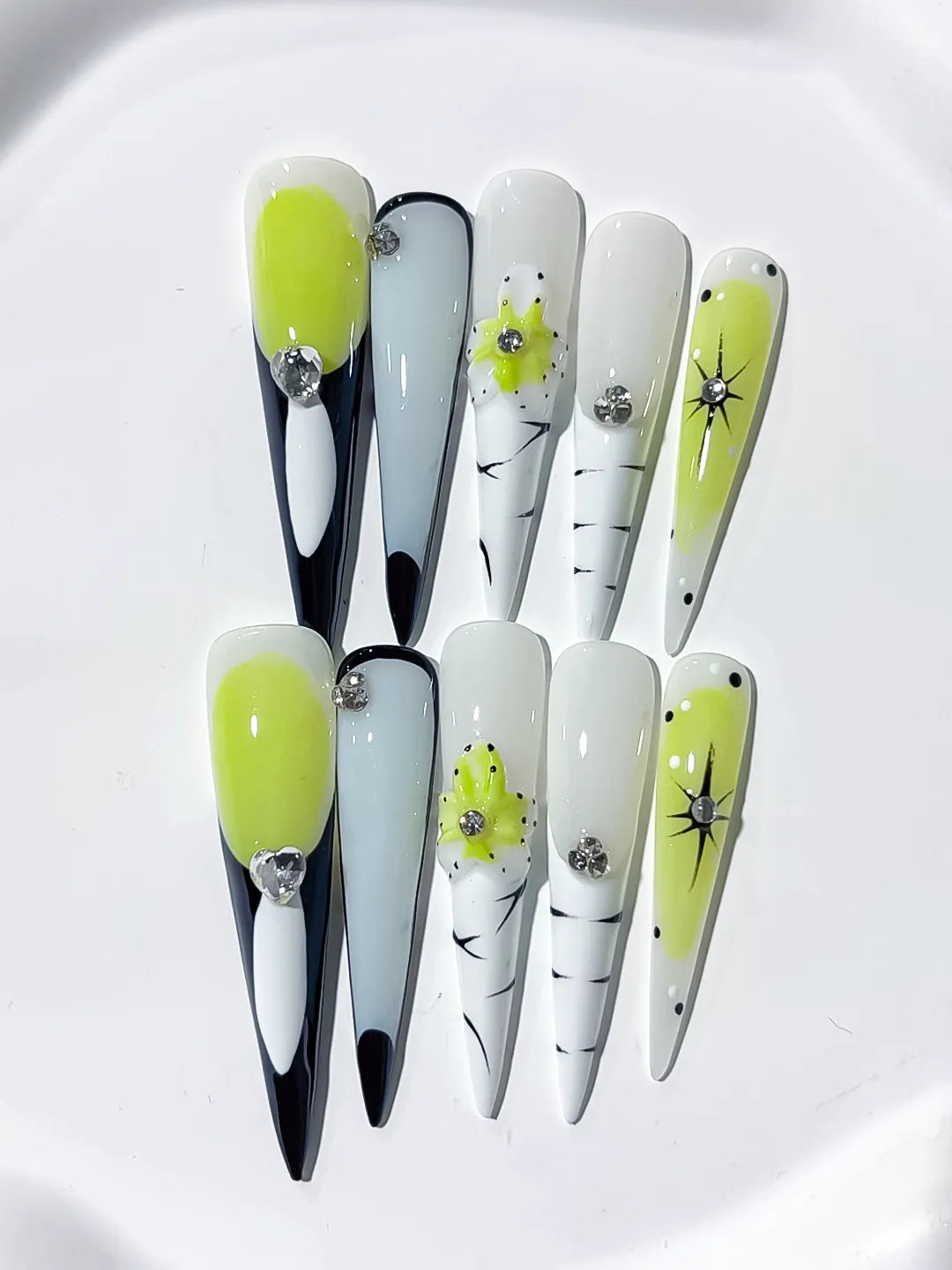 Long Green White Stiletto Abstract Flower Rhinestone