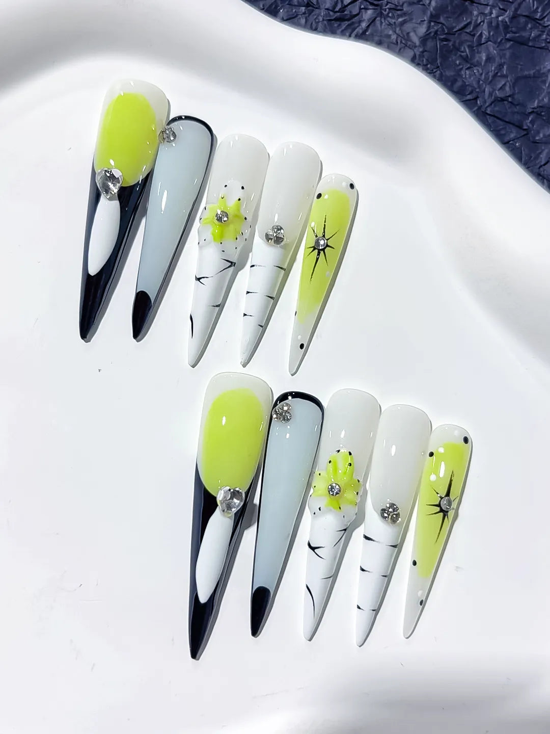 Long Green White Stiletto Abstract Flower Rhinestone