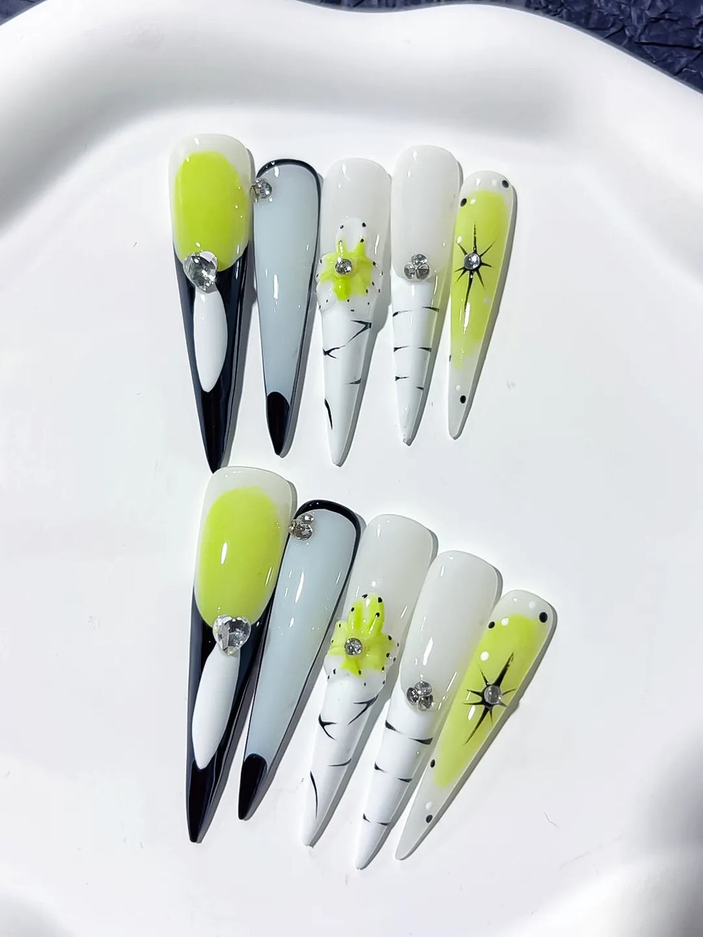 Long Green White Stiletto Abstract Flower Rhinestone