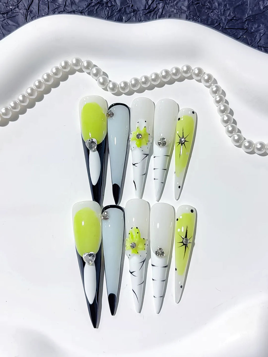 Long Green White Stiletto Abstract Flower Rhinestone