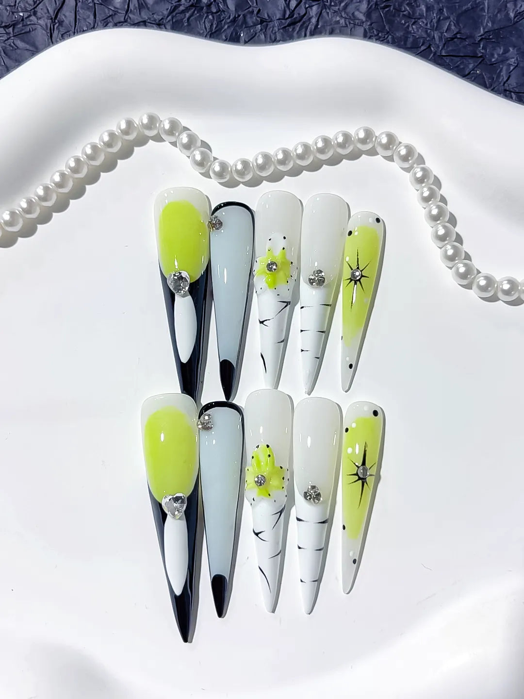 Long Green White Stiletto Abstract Flower Rhinestone
