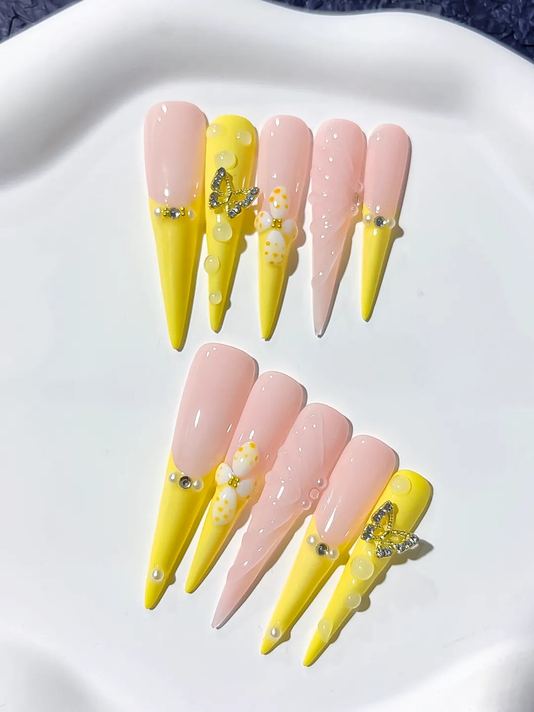 Long Yellow Nude Stiletto French tip Flower Butterfly