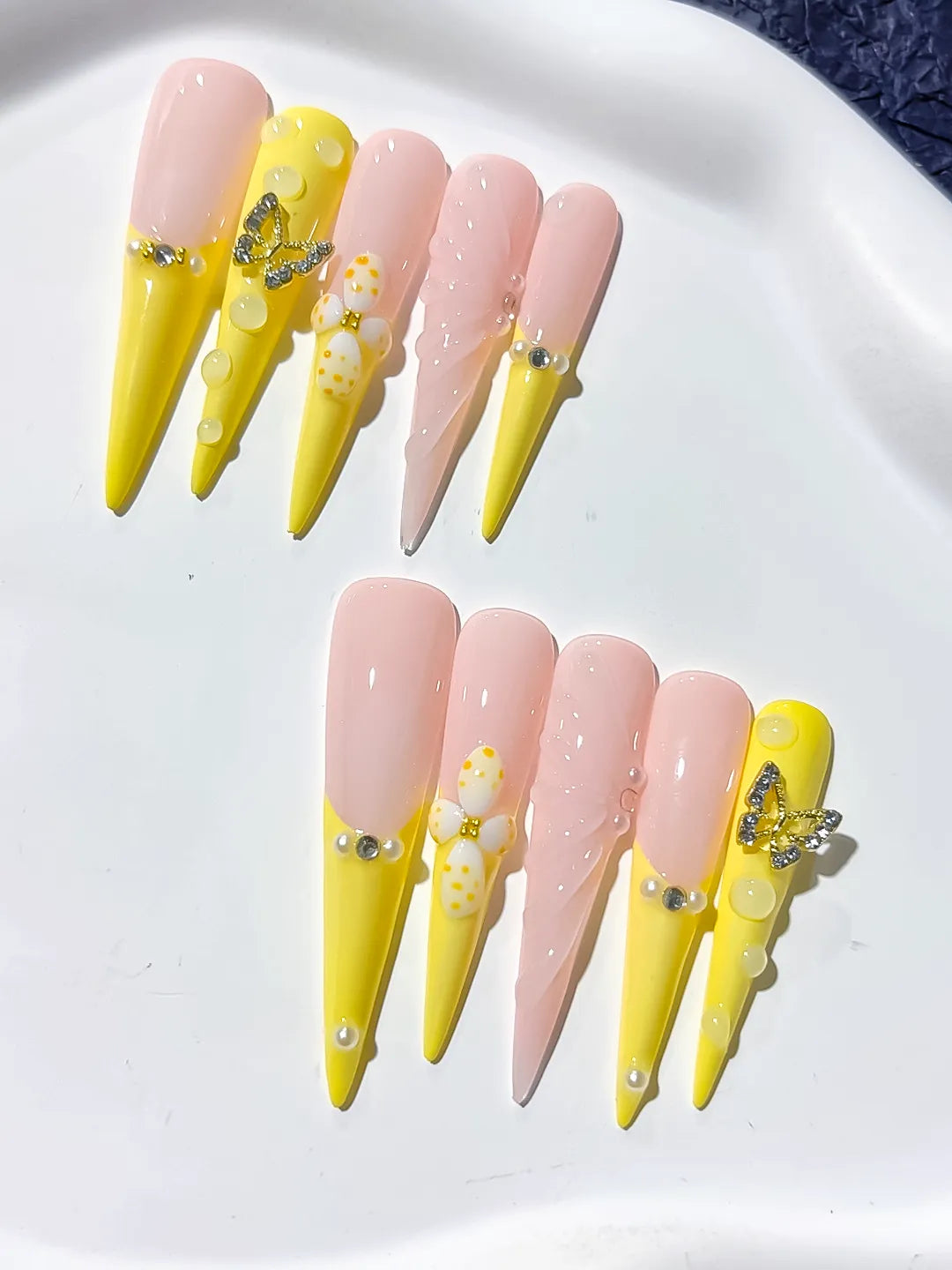 Long Yellow Nude Stiletto French tip Flower Butterfly