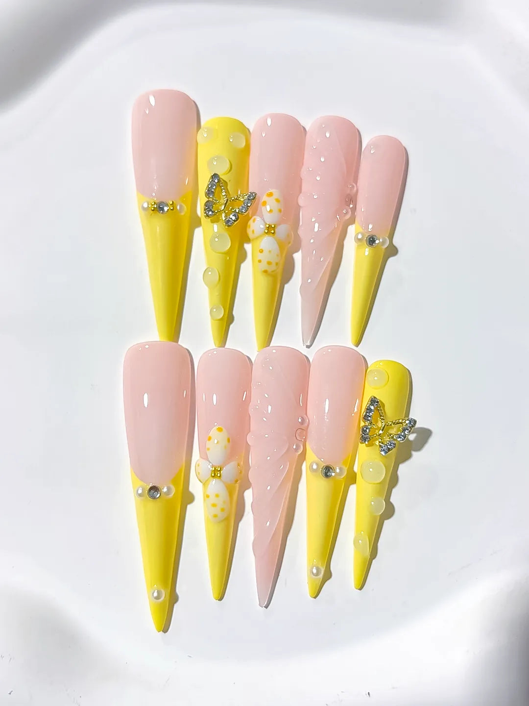 Long Yellow Nude Stiletto French tip Flower Butterfly