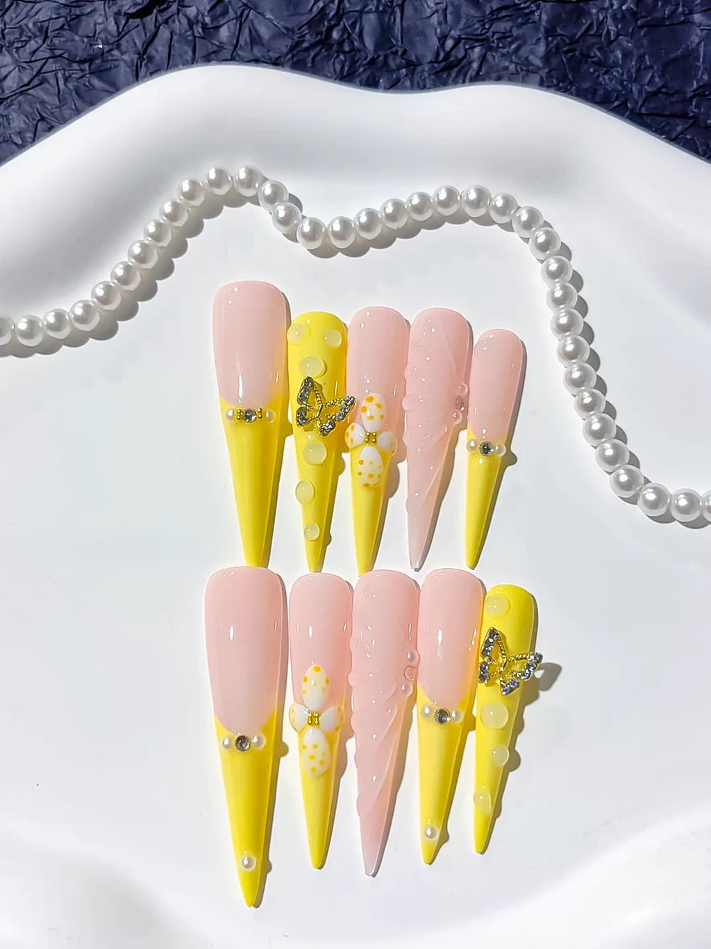 Long Yellow Nude Stiletto French tip Flower Butterfly