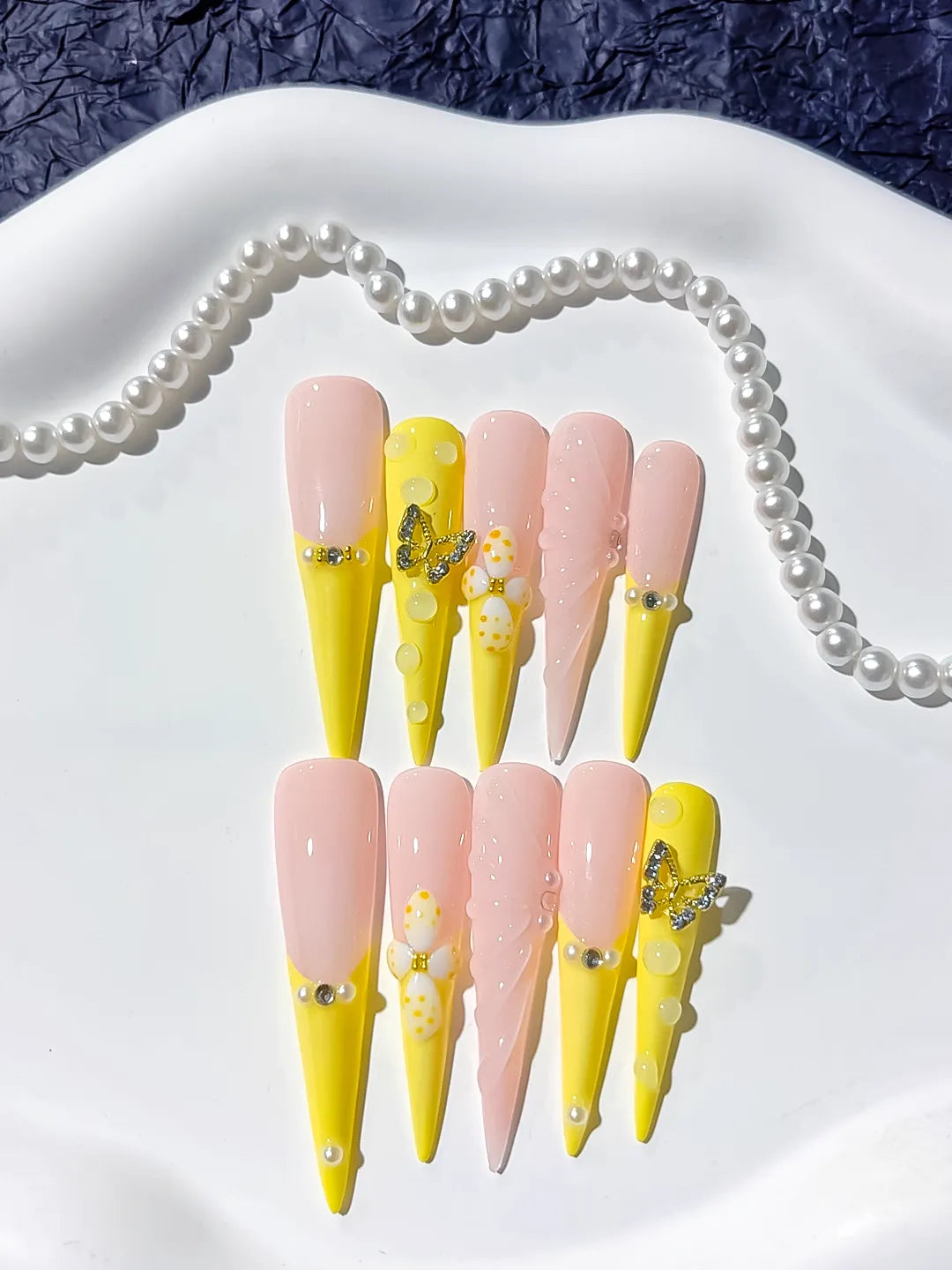 Long Yellow Nude Stiletto French tip Flower Butterfly
