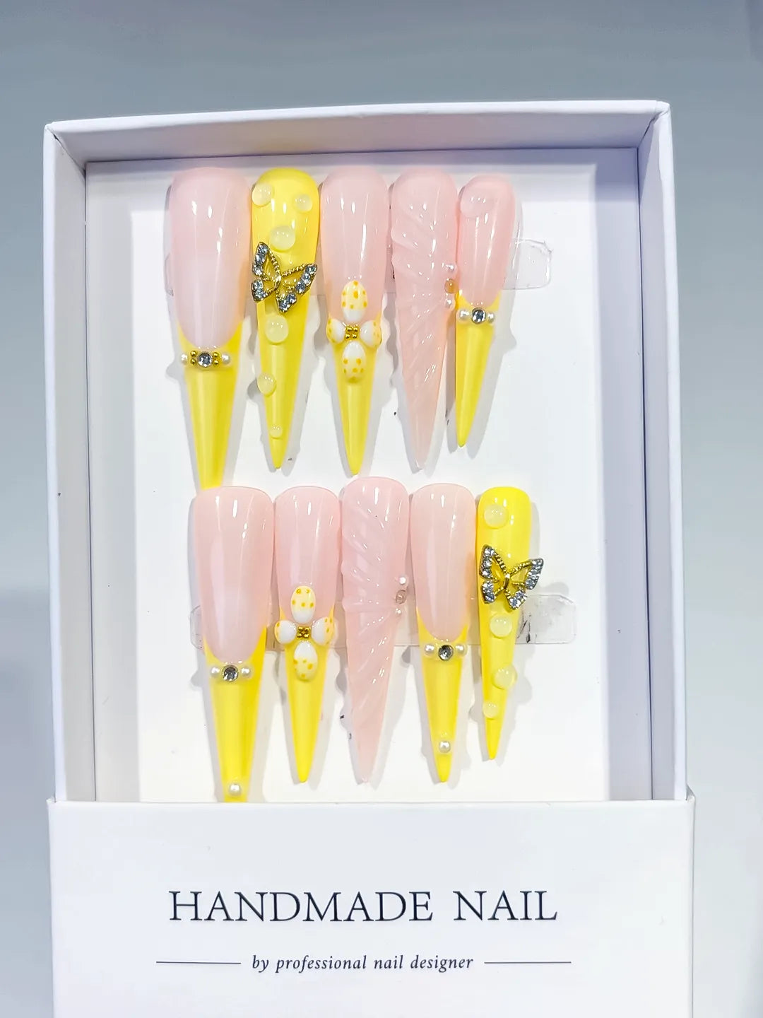 Long Yellow Nude Stiletto French tip Flower Butterfly