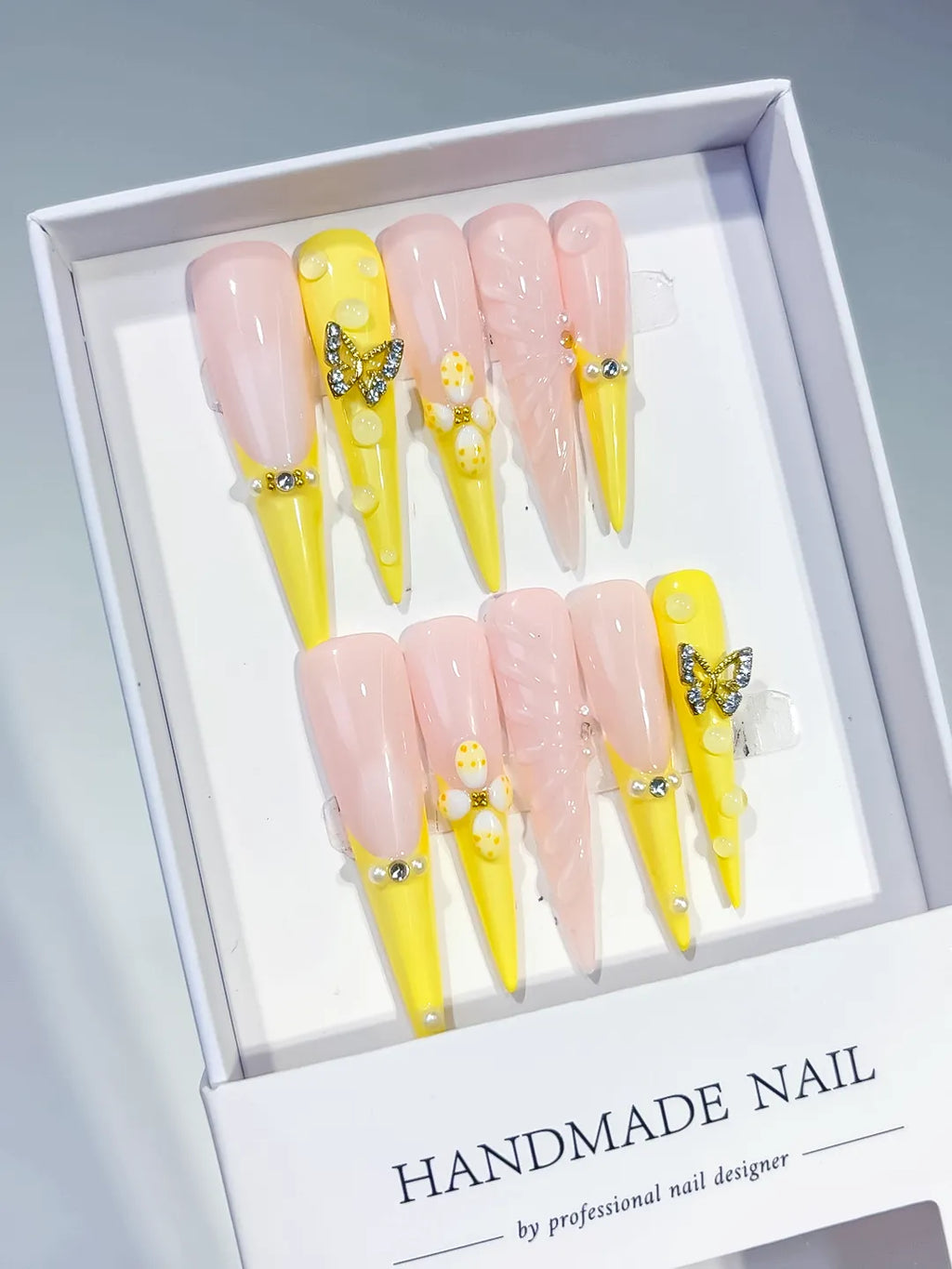 Long Yellow Nude Stiletto French tip Flower Butterfly