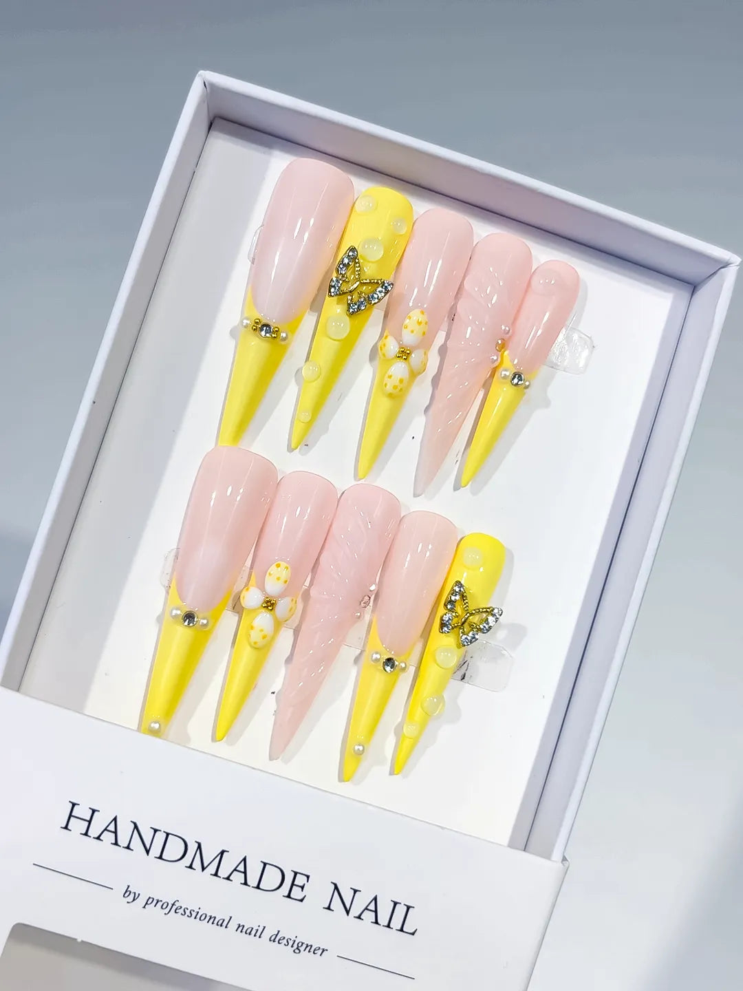 Long Yellow Nude Stiletto French tip Flower Butterfly