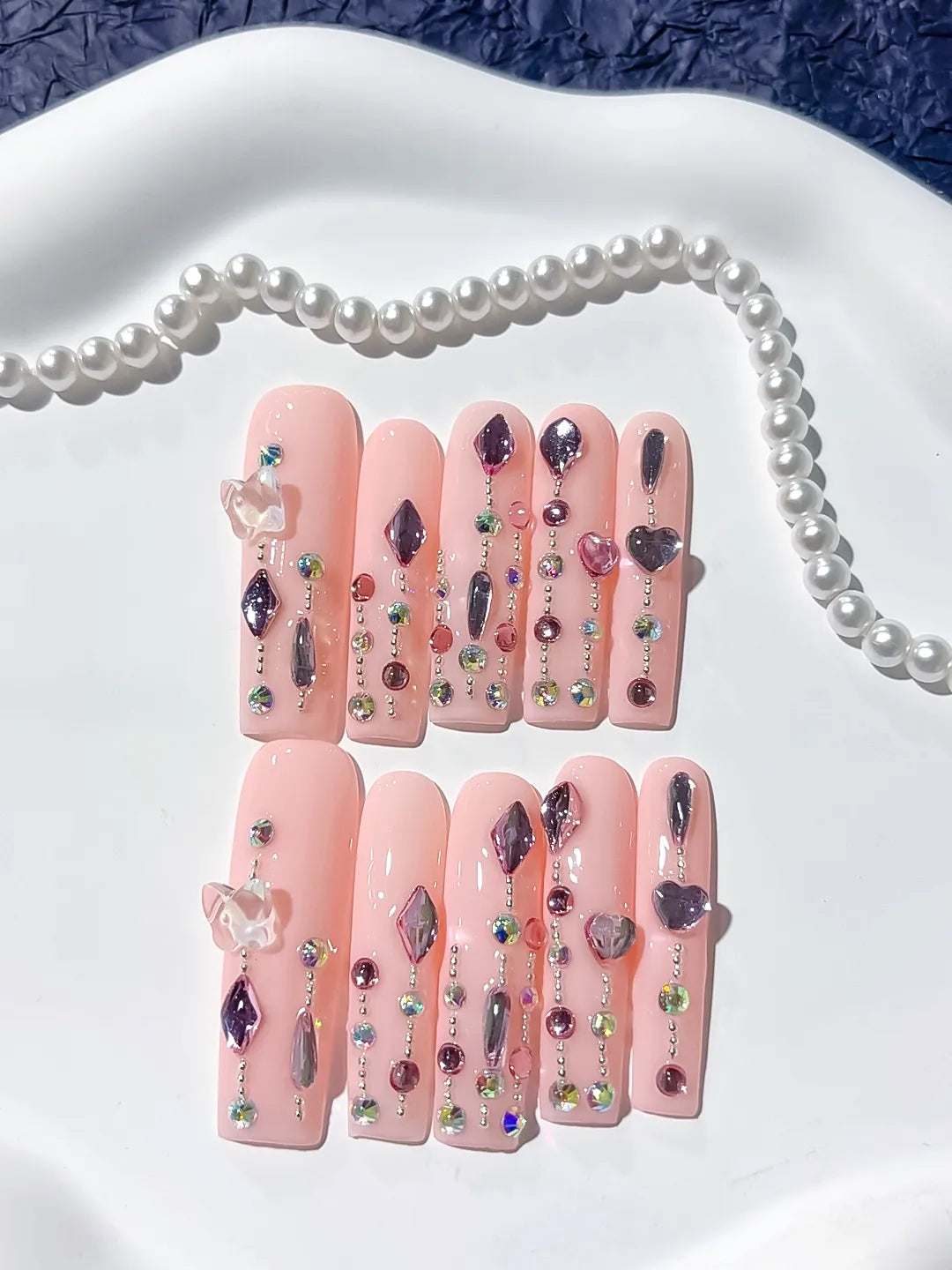 Long Pink Purple Square Solid color Heart Rhinestone