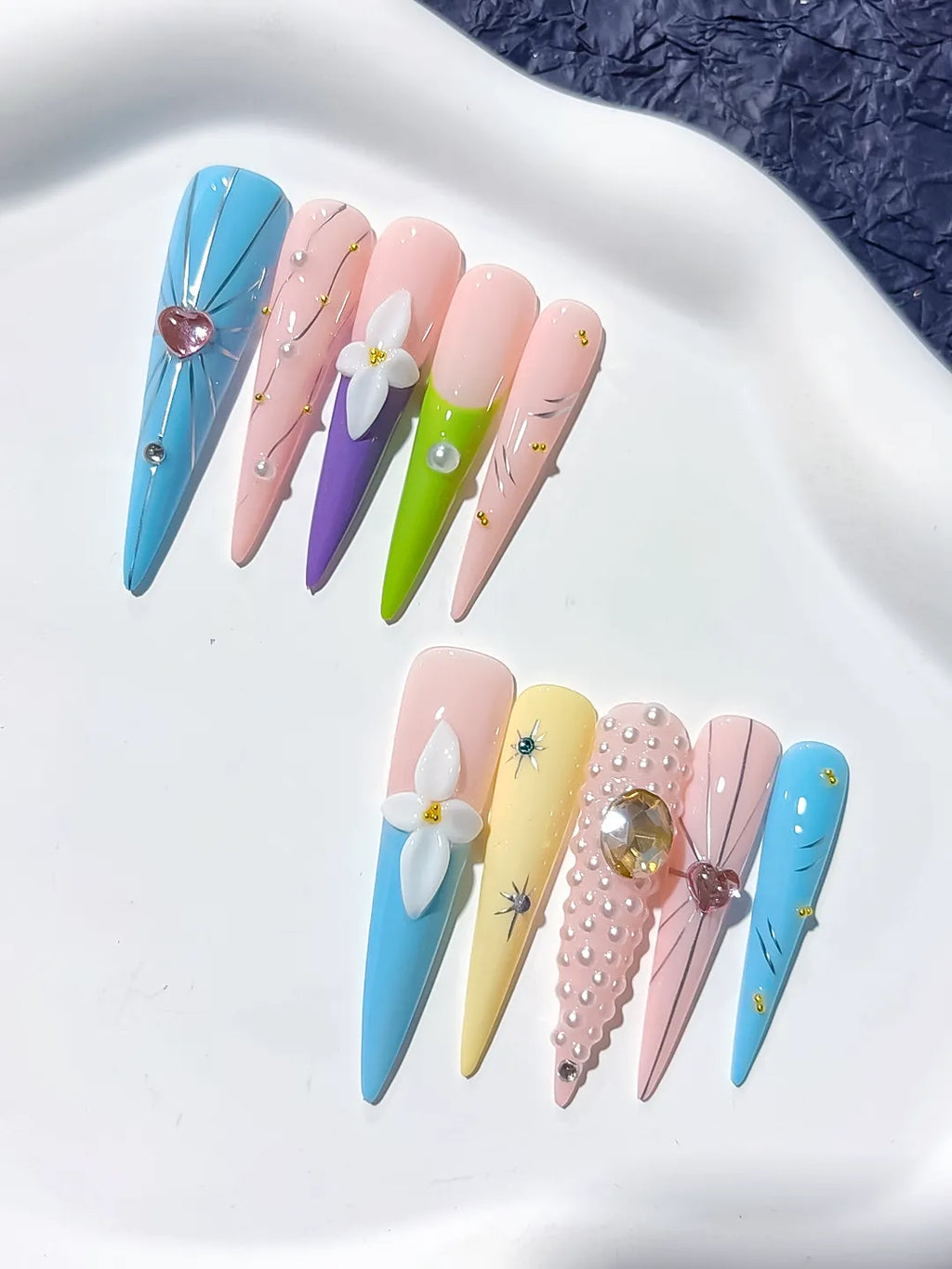 Long Blue Nude Stiletto Abstract Flower Pearl