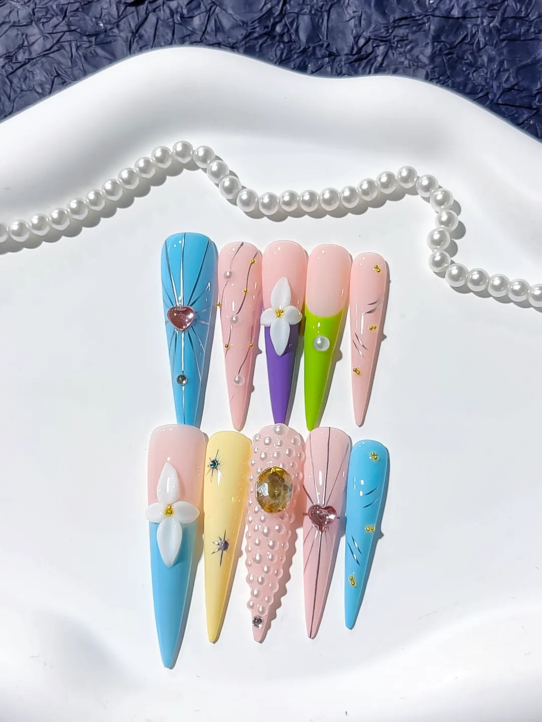 Long Blue Nude Stiletto Abstract Flower Pearl