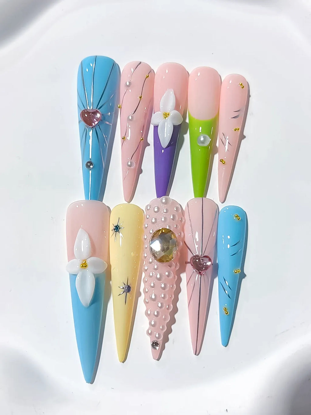 Long Blue Nude Stiletto Abstract Flower Pearl