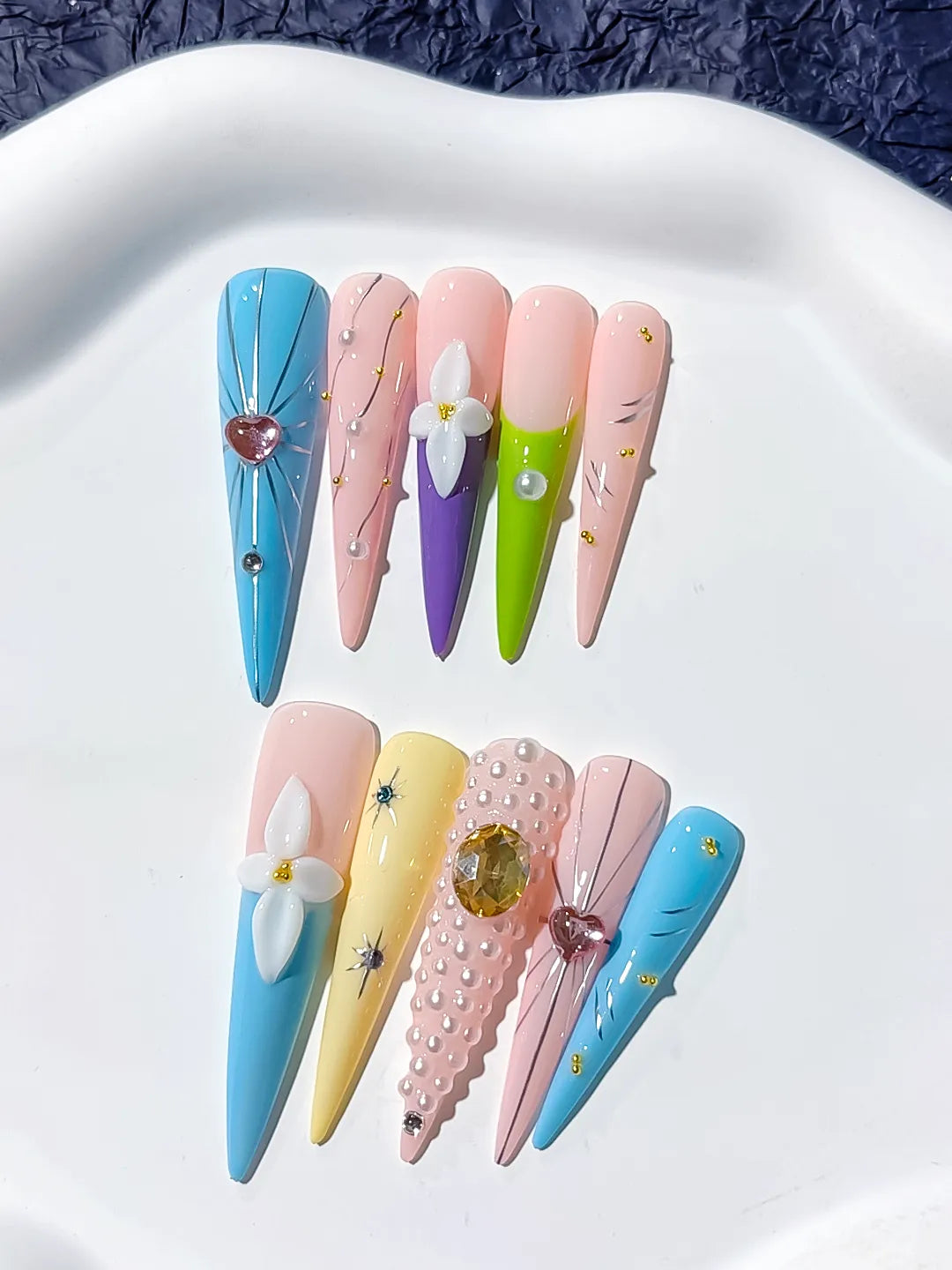 Long Blue Nude Stiletto Abstract Flower Pearl