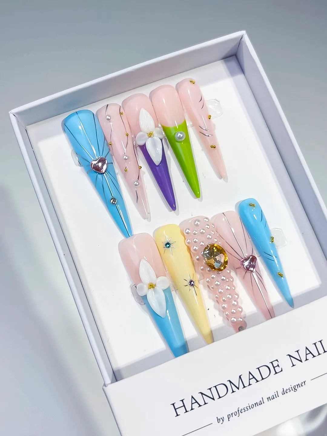 Long Blue Nude Stiletto Abstract Flower Pearl