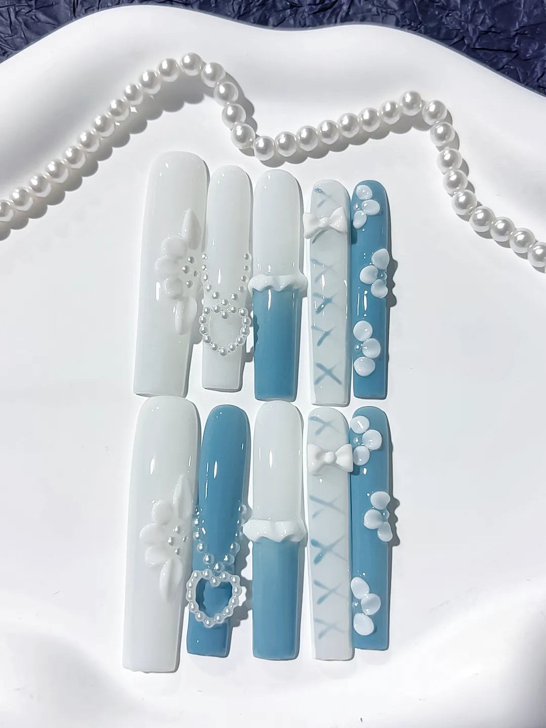 Long White Blue Square French tip Pearl Bow