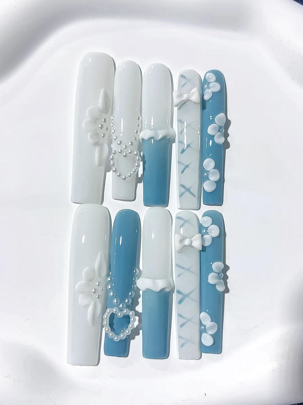 Long White Blue Square French tip Pearl Bow