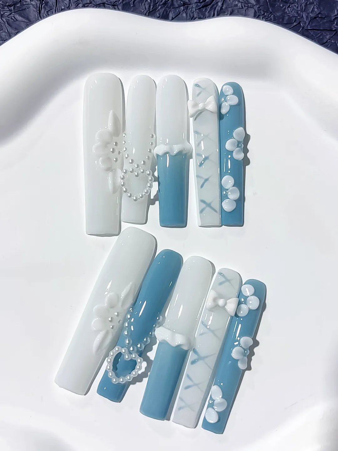 Long White Blue Square French tip Pearl Bow
