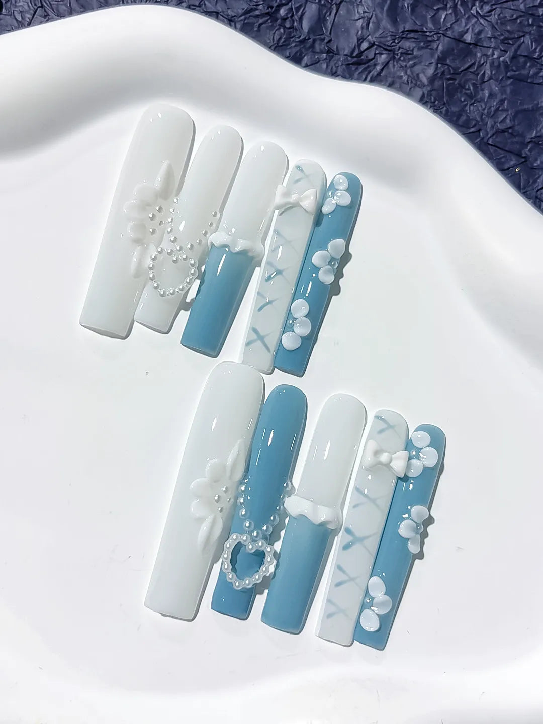 Long White Blue Square French tip Pearl Bow