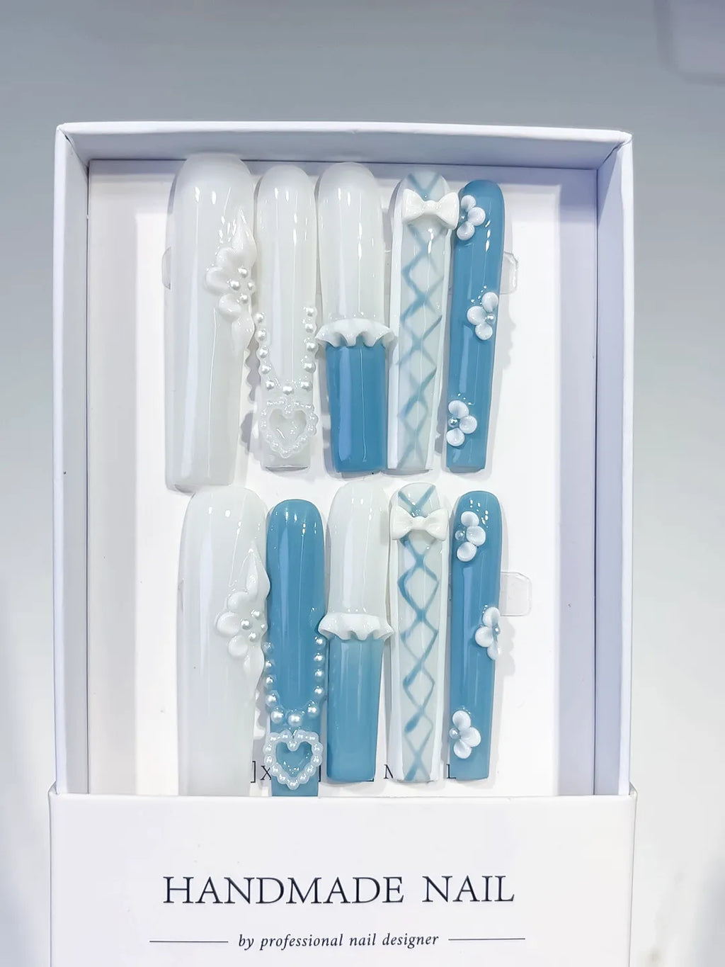 Long White Blue Square French tip Pearl Bow