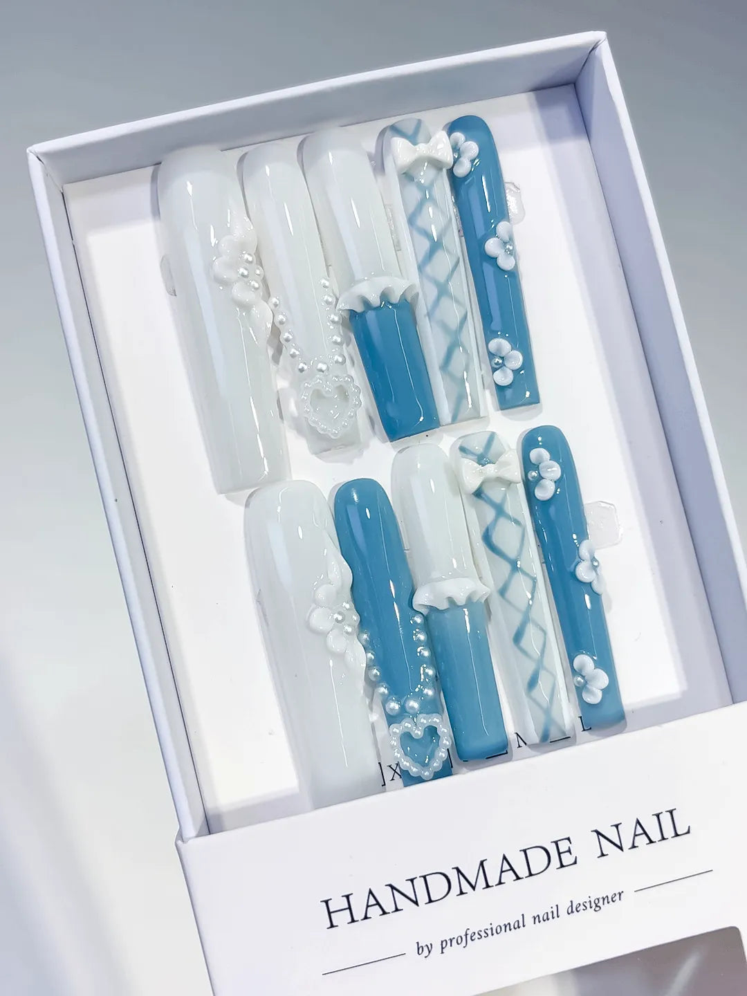Long White Blue Square French tip Pearl Bow