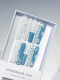 Long White Blue Square French tip Pearl Bow