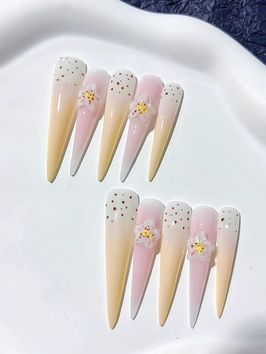 Long White Yellow Stiletto Ombre Flower Dot