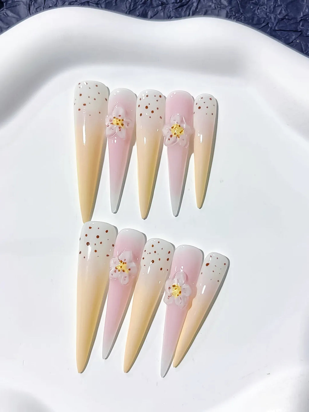 Long White Yellow Stiletto Ombre Flower Dot
