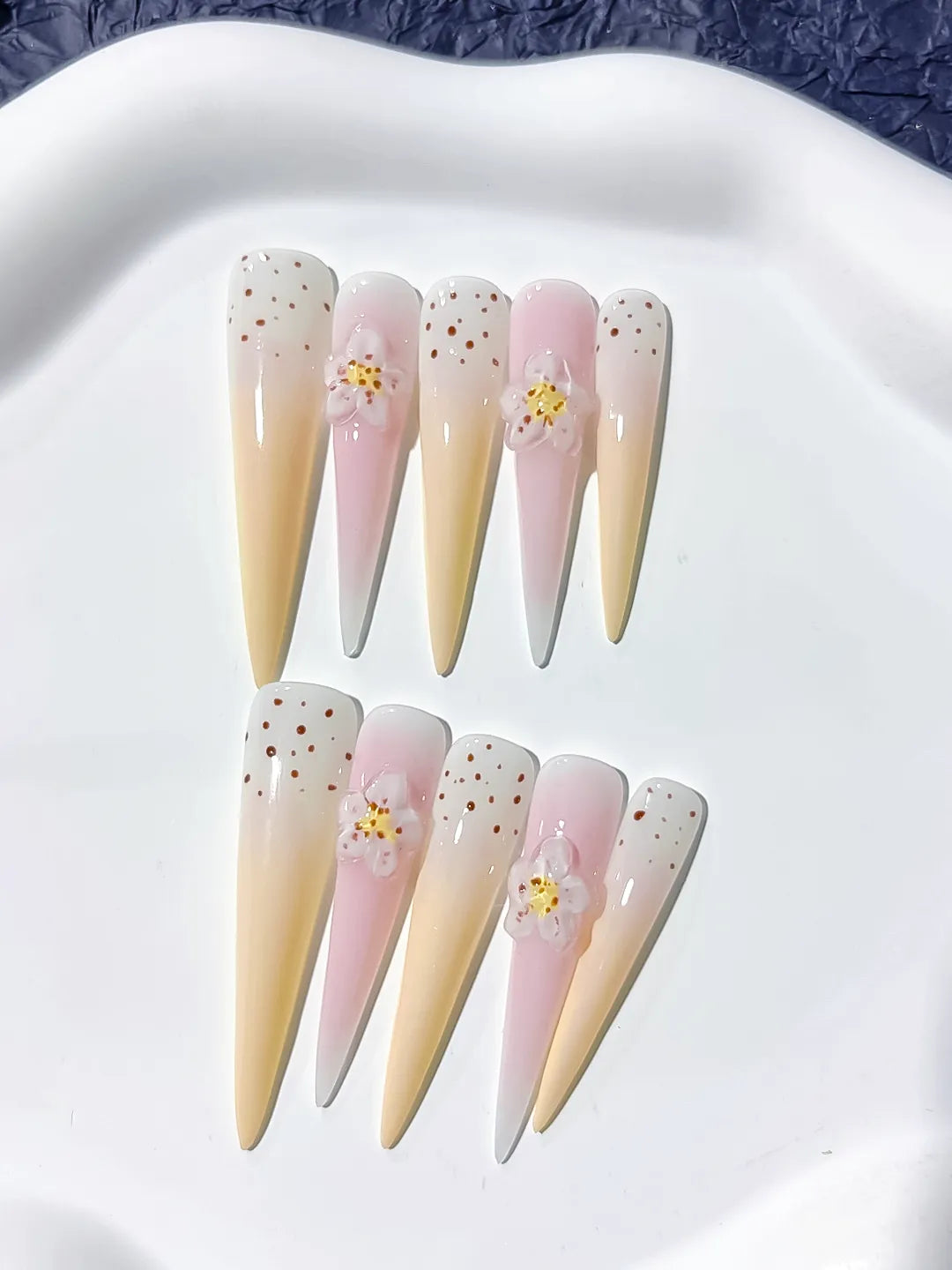 Long White Yellow Stiletto Ombre Flower Dot