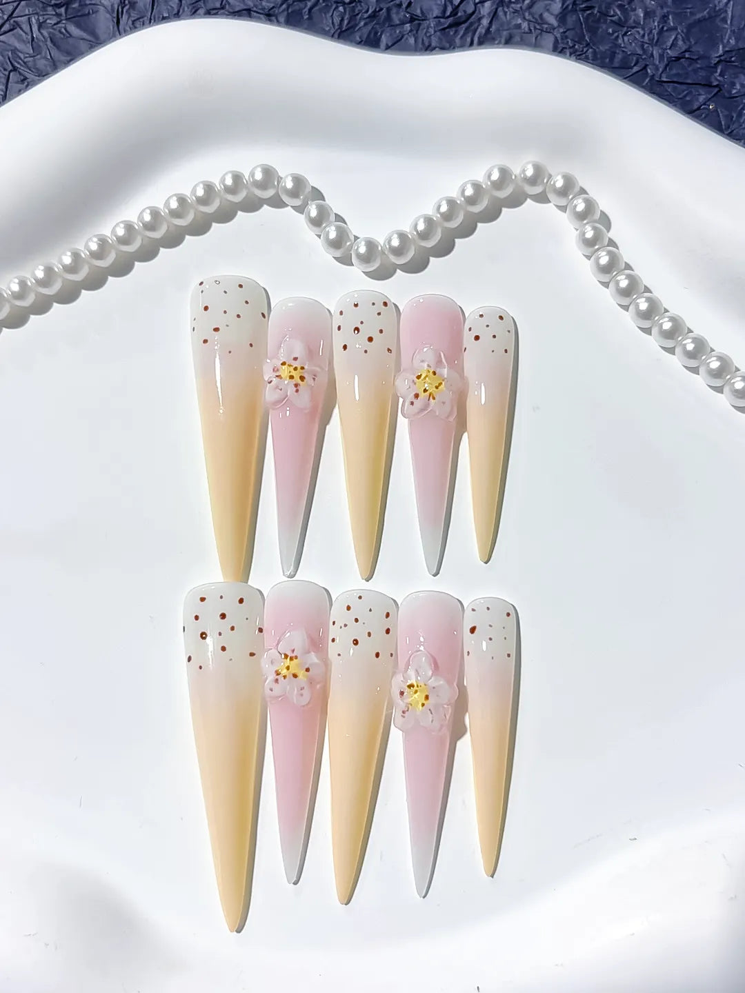 Long White Yellow Stiletto Ombre Flower Dot