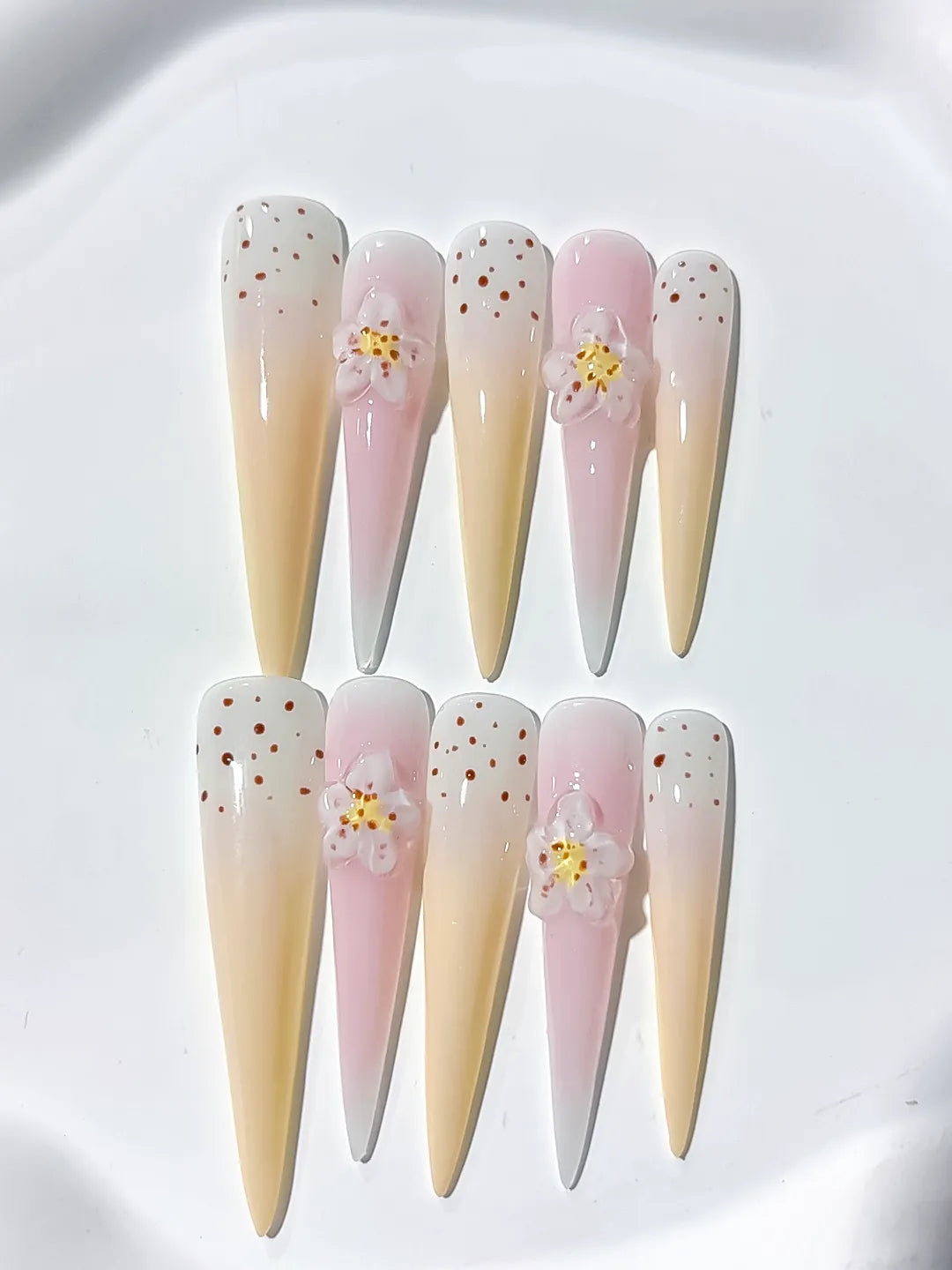 Long White Yellow Stiletto Ombre Flower Dot
