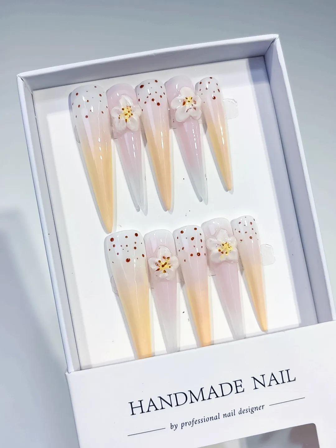 Long White Yellow Stiletto Ombre Flower Dot