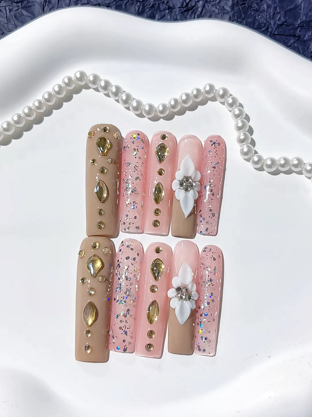 Long Nude Pink Square Glitter Flower Rhinestone