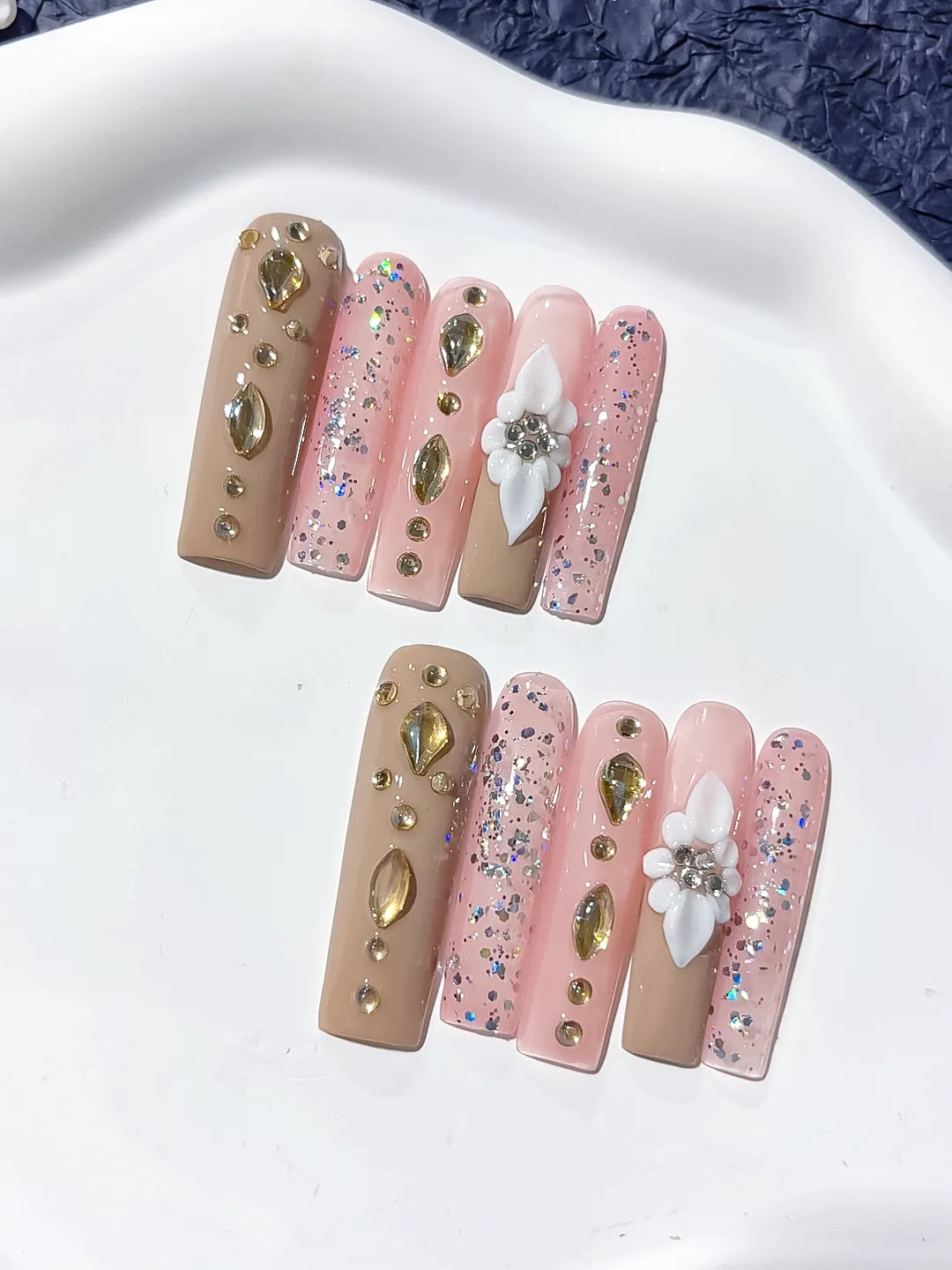 Long Nude Pink Square Glitter Flower Rhinestone