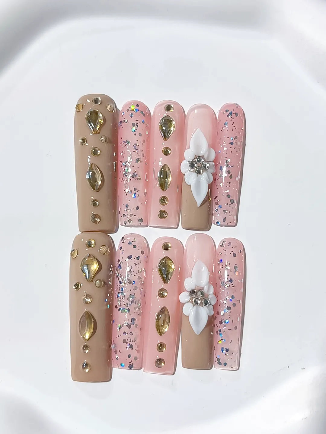 Long Nude Pink Square Glitter Flower Rhinestone