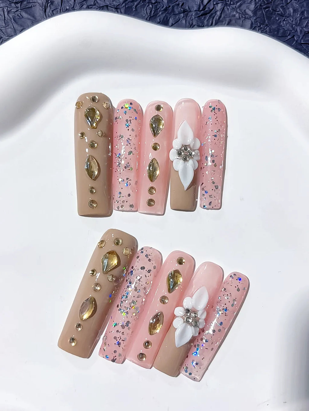 Long Nude Pink Square Glitter Flower Rhinestone