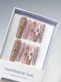 Long Nude Pink Square Glitter Flower Rhinestone