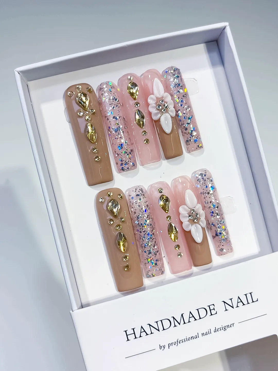 Long Nude Pink Square Glitter Flower Rhinestone