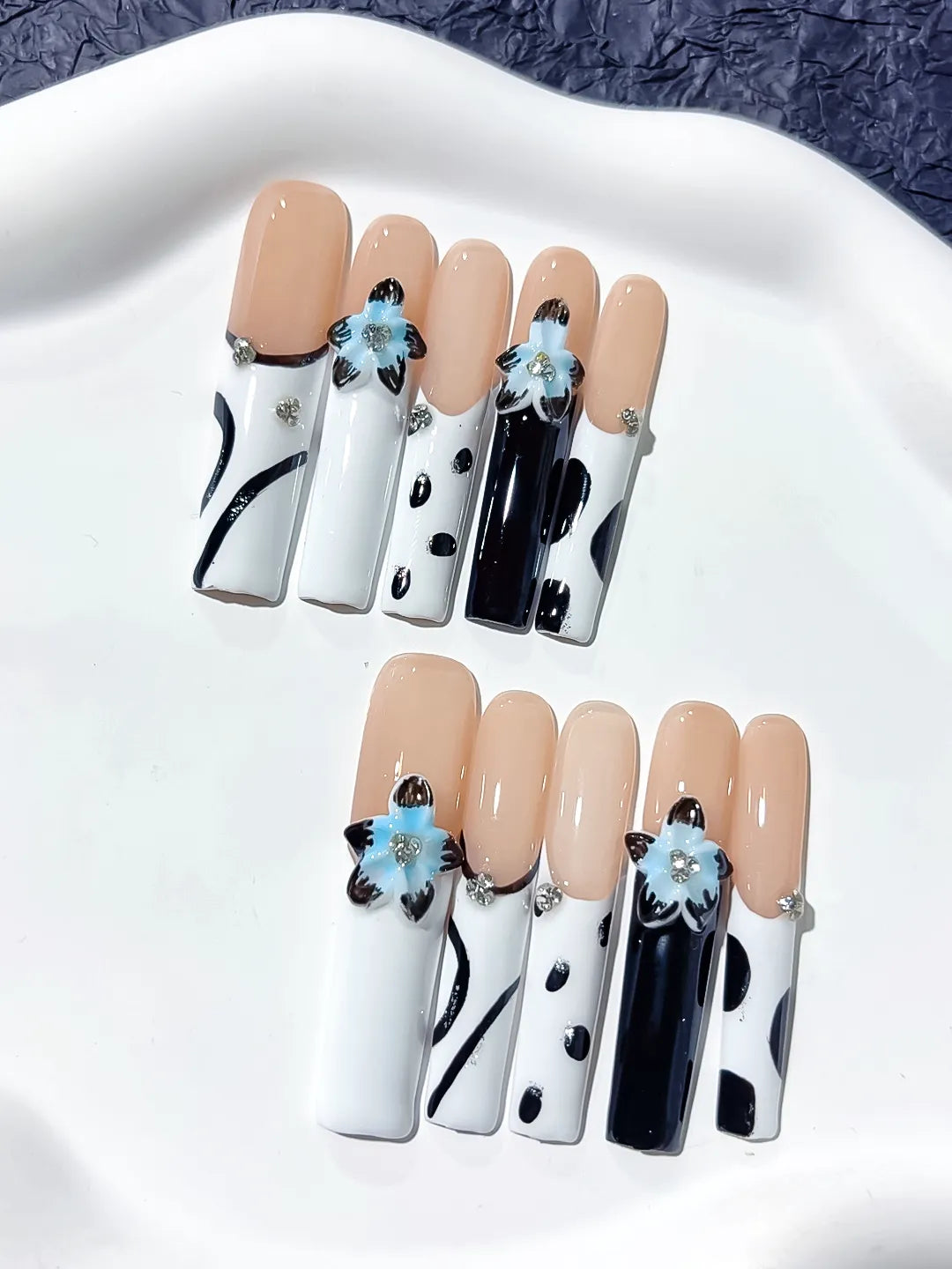Long Nude White Square Abstract Flower Rhinestone