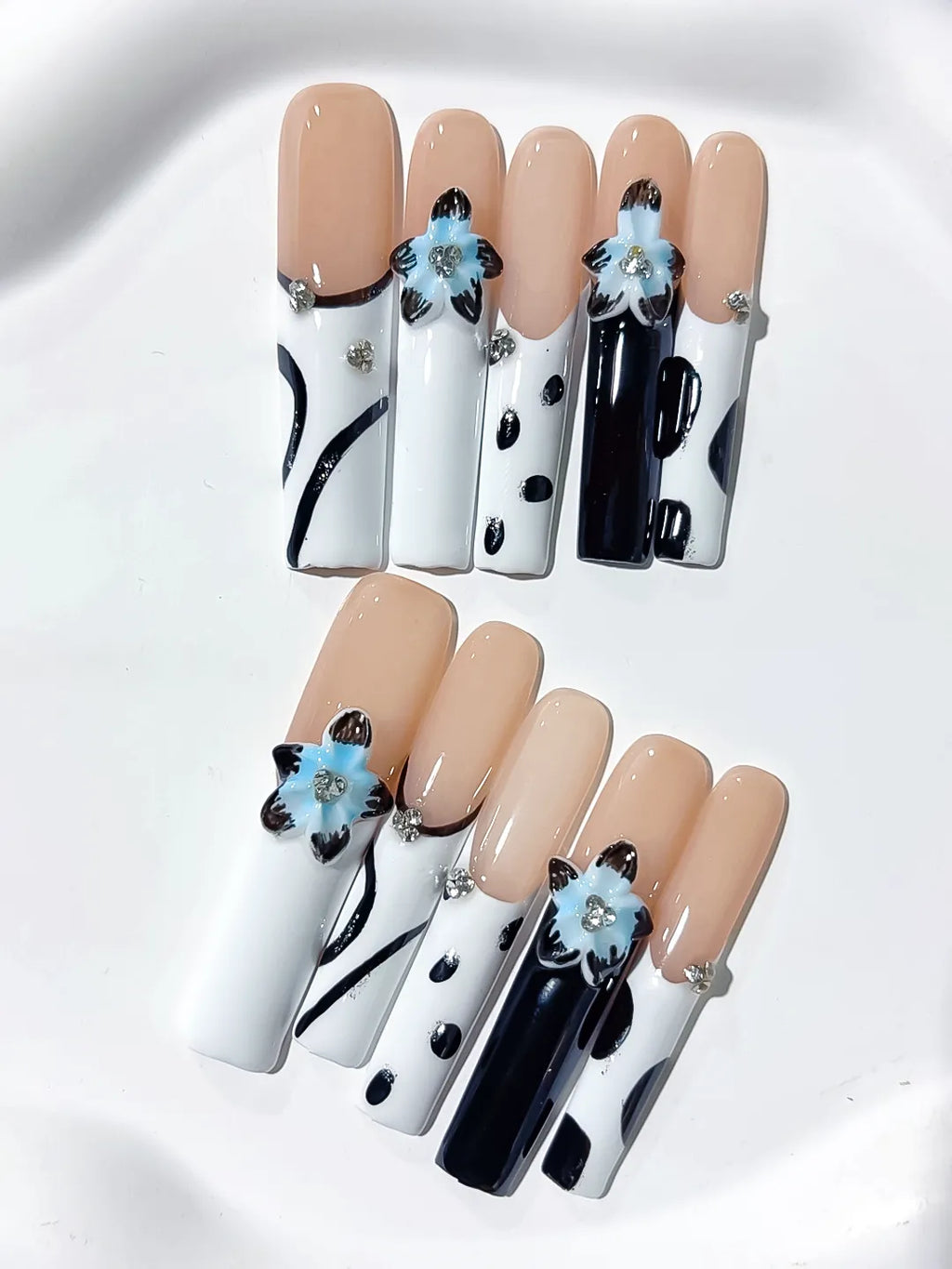 Long Nude White Square Abstract Flower Rhinestone