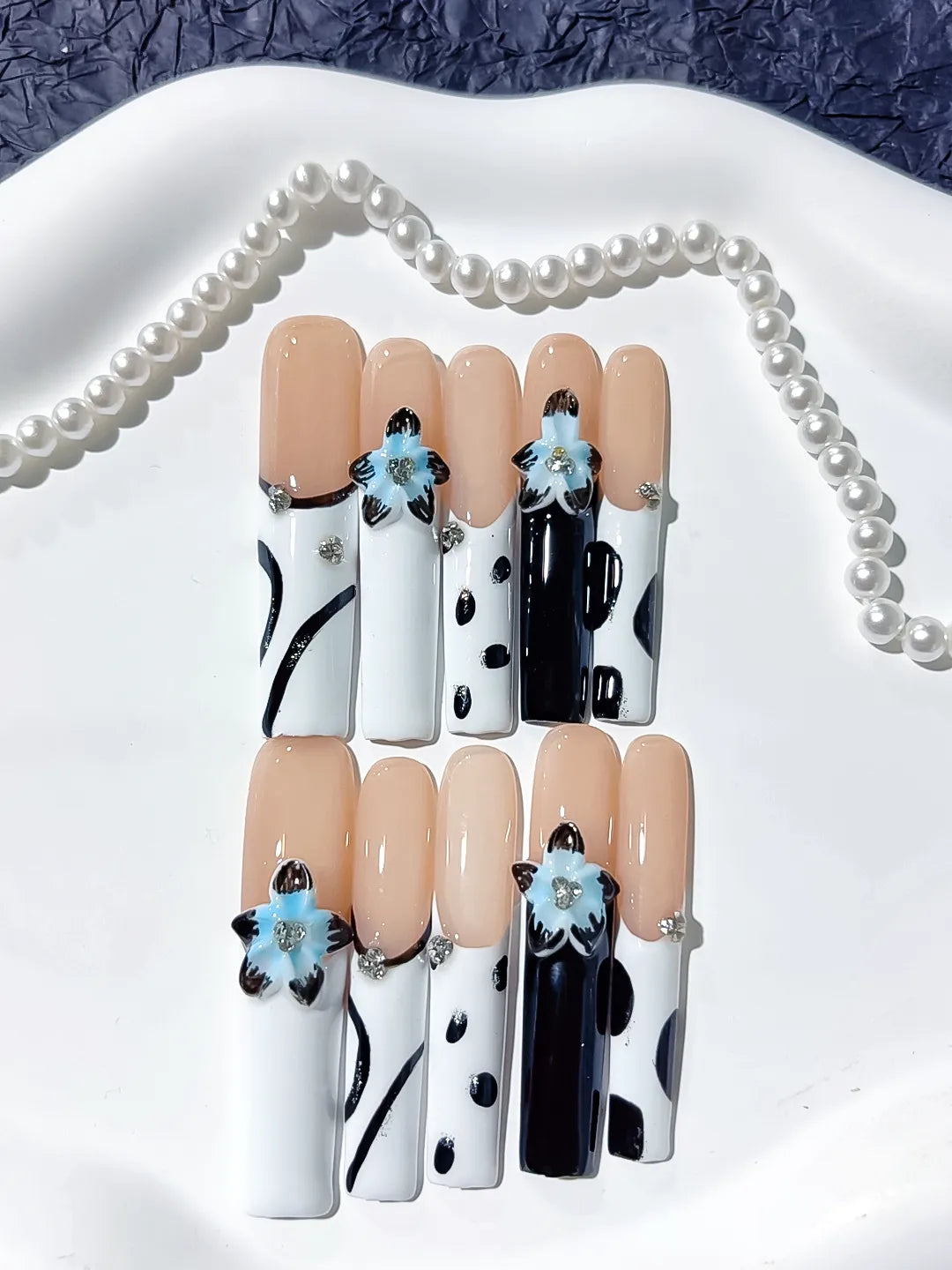 Long Nude White Square Abstract Flower Rhinestone