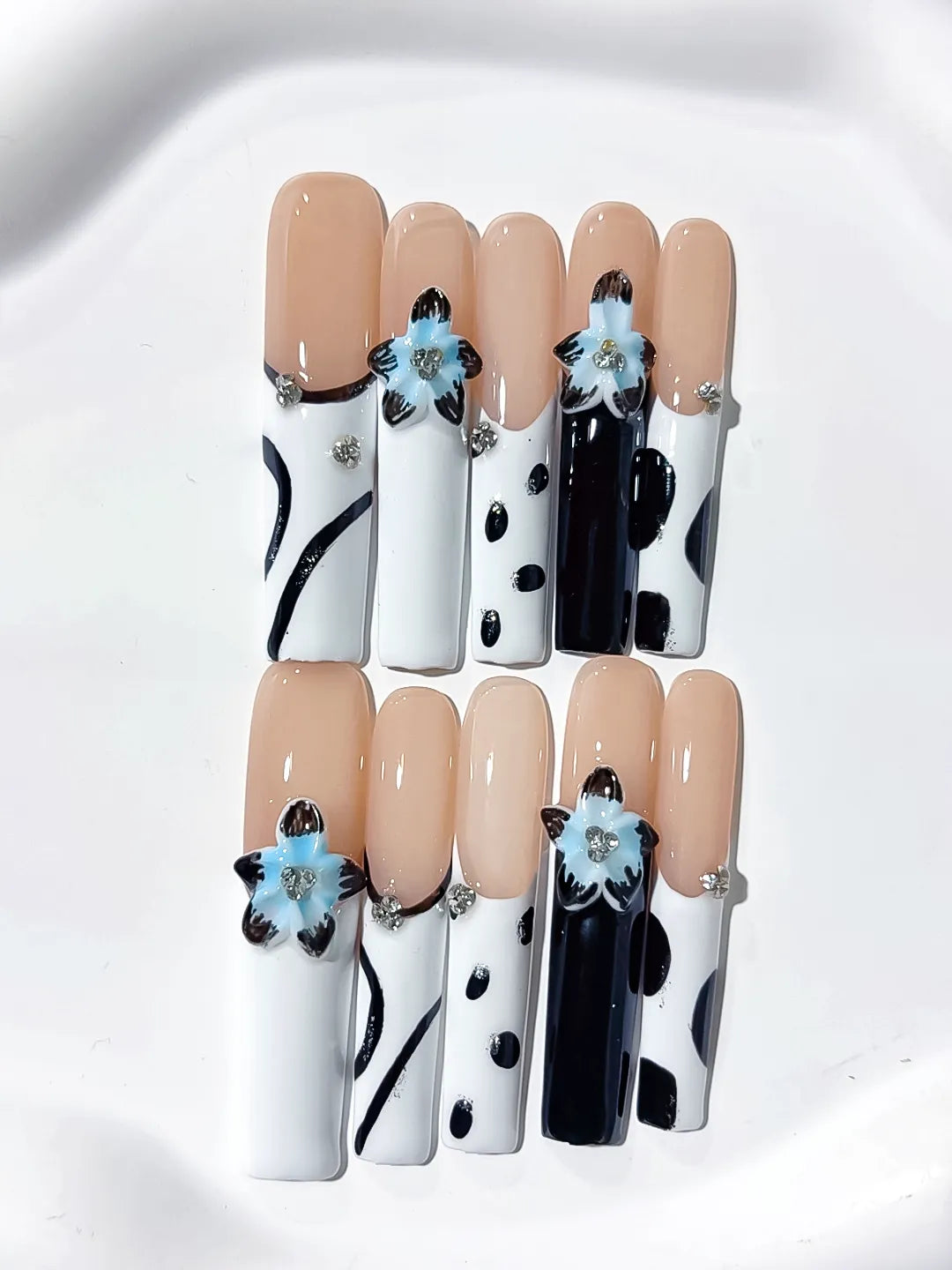 Long Nude White Square Abstract Flower Rhinestone