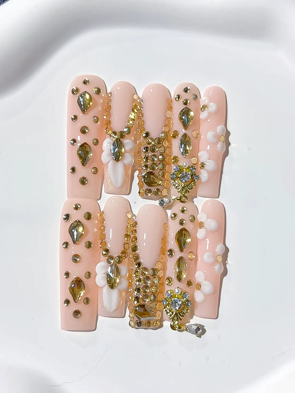 Long Pink Nude Square Solid color Flower Rhinestone