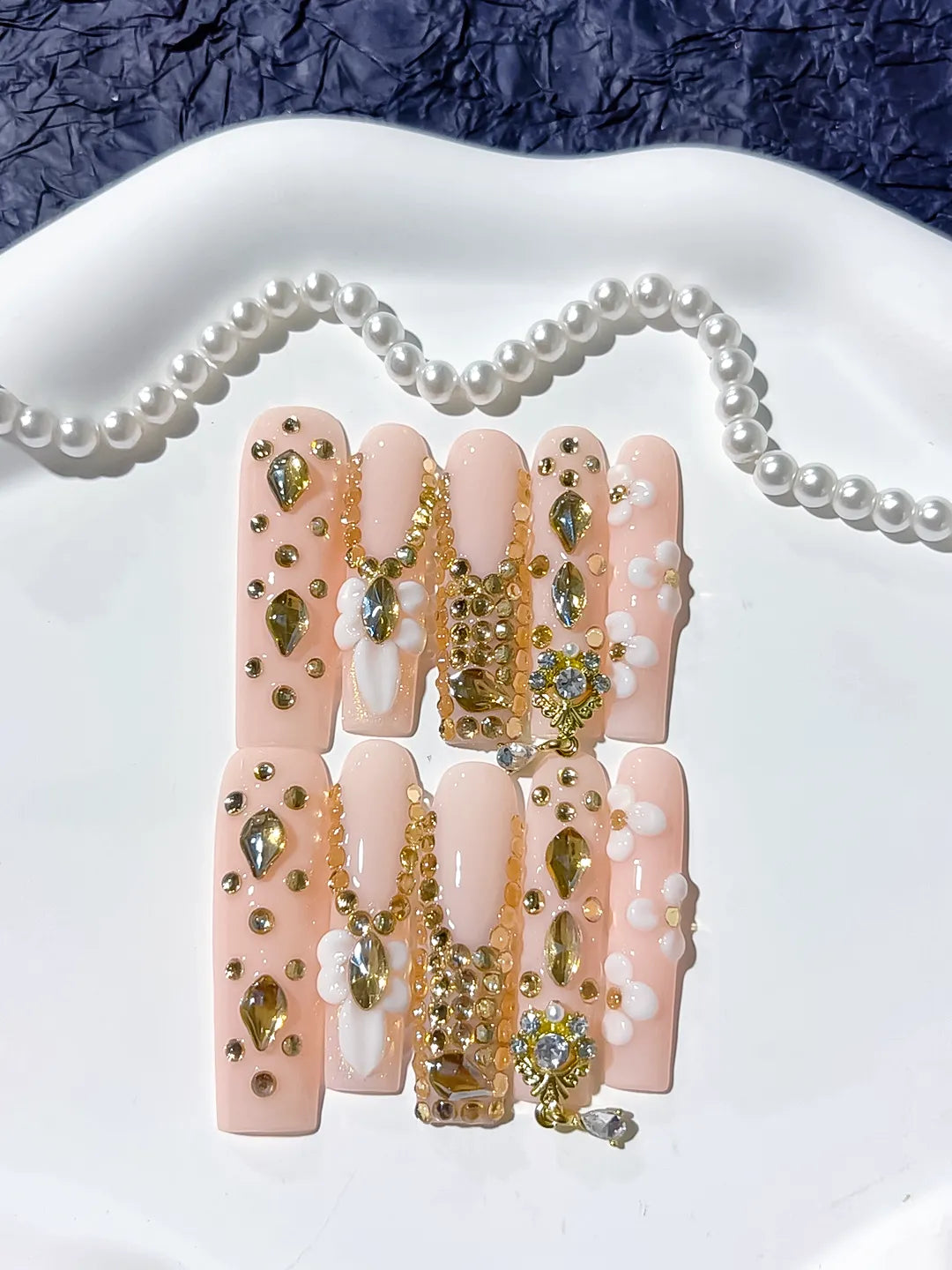 Long Pink Nude Square Solid color Flower Rhinestone